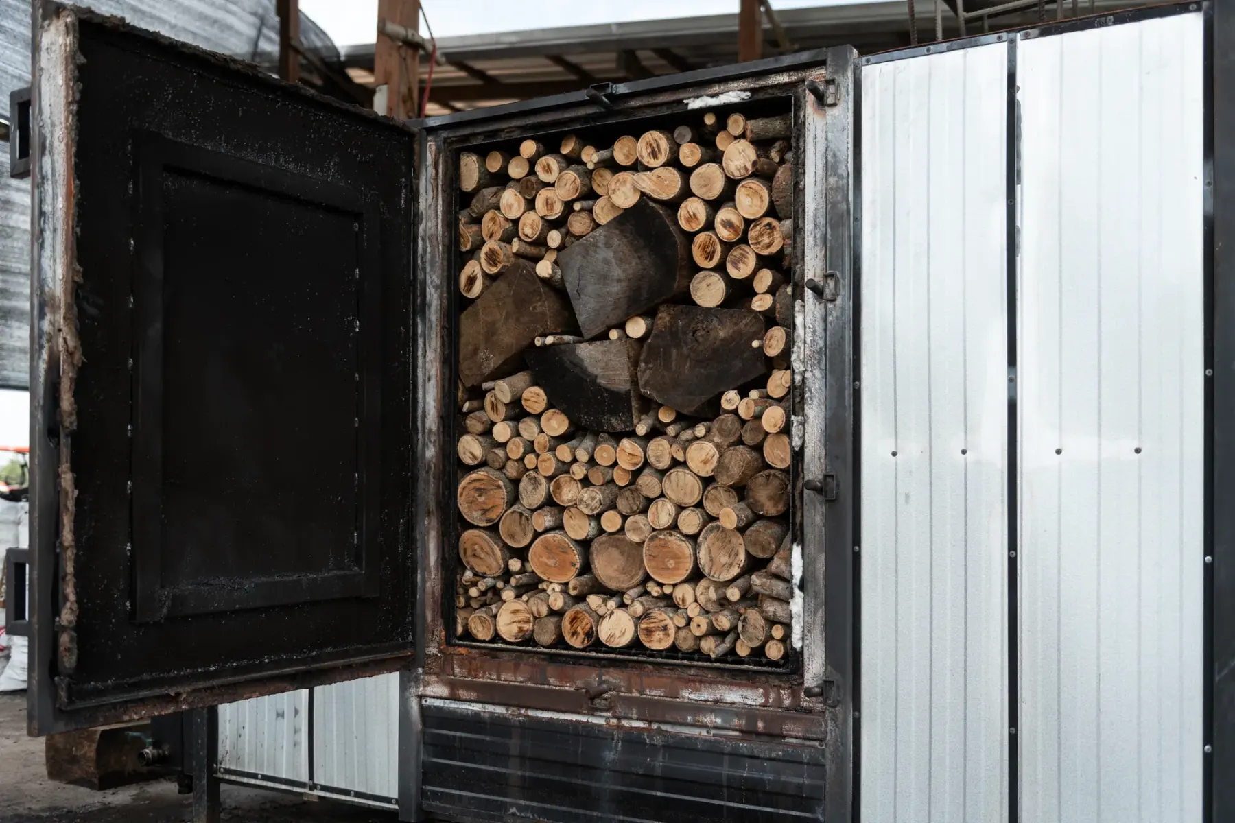 Steel kiln, loaded and open