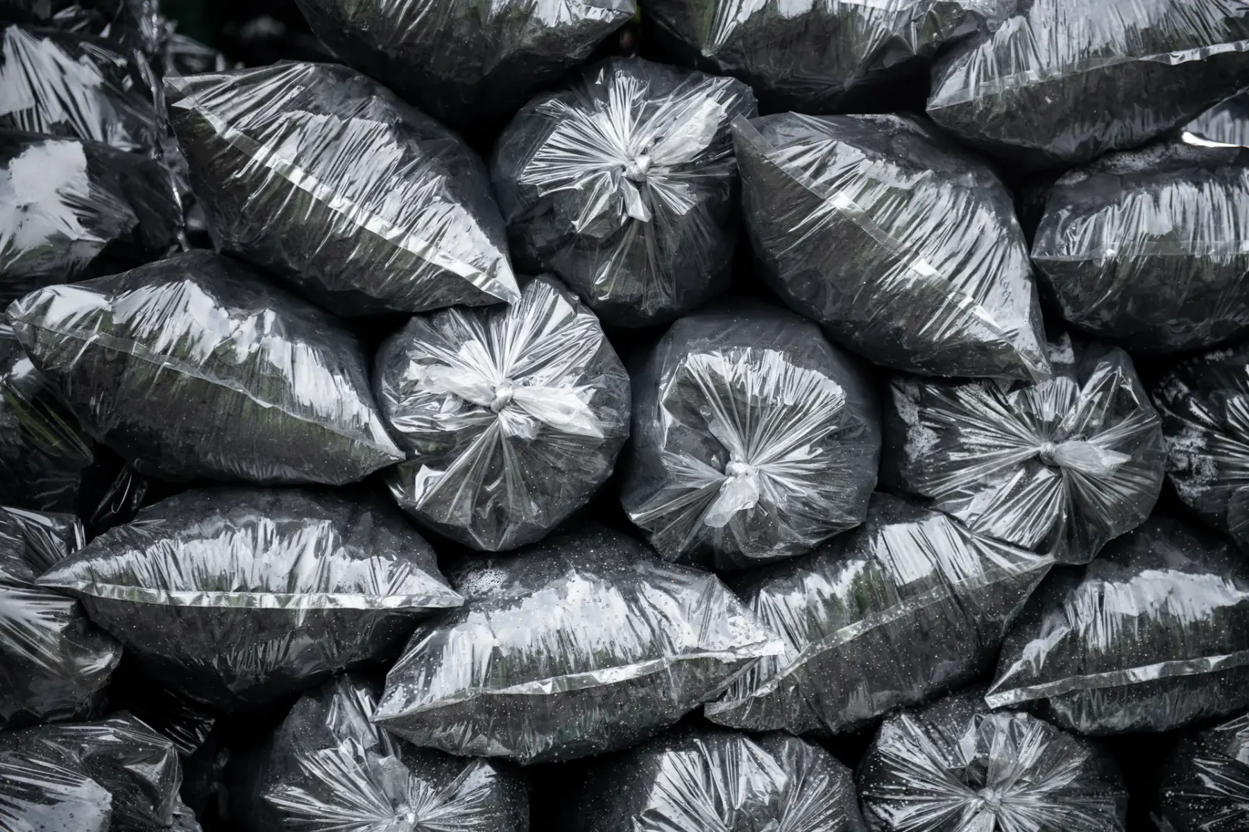 Stacked sealed charcoal bags