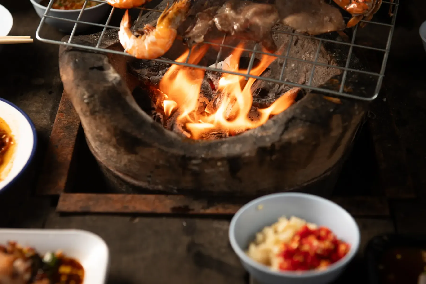 Charcoal grill in use
